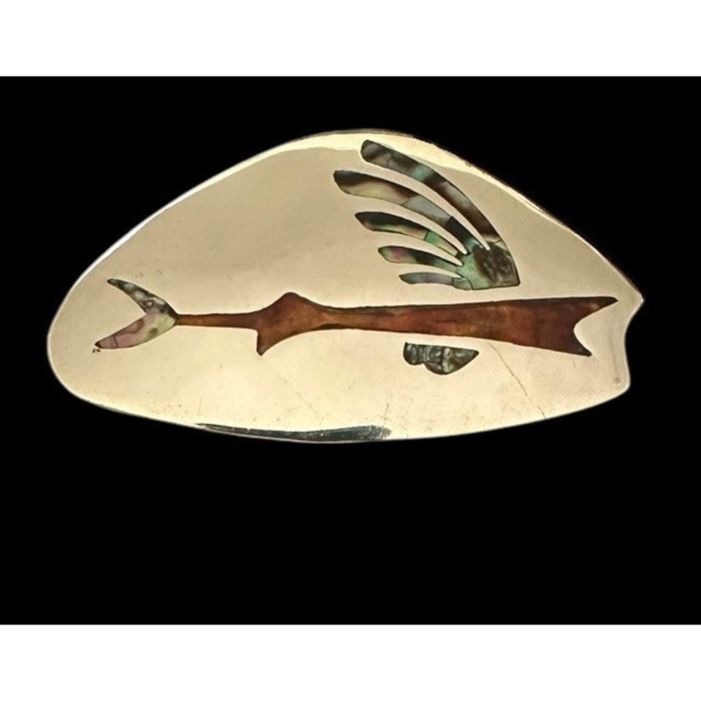 MCM Modernist Sterling Silver Fish Brooch Pin Pendant Abalone Taxco Mexico 1950s
